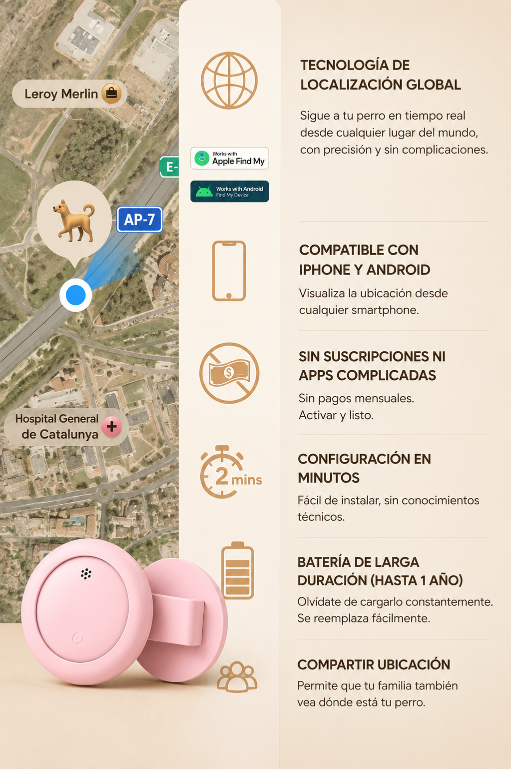 Kizuna Guardian GPS | Localizador Inteligente para Perros y Gatos Rosa